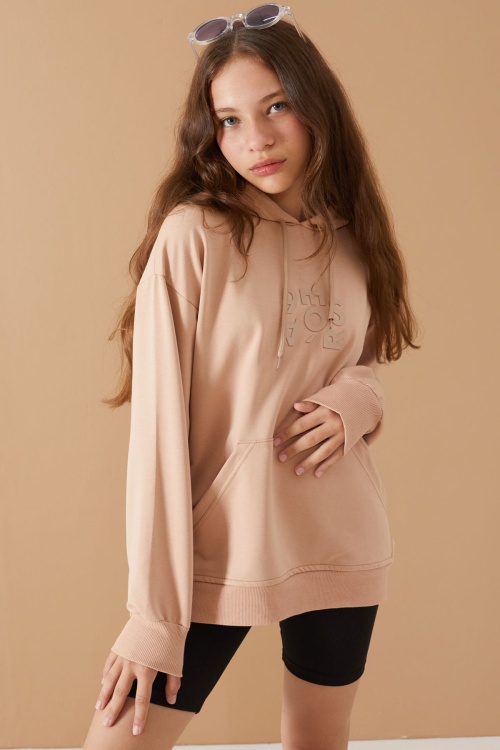 Bej Yazı Kabartma Baskılı Kapüşonlu Kız Çocuk Sweatshirt 19308