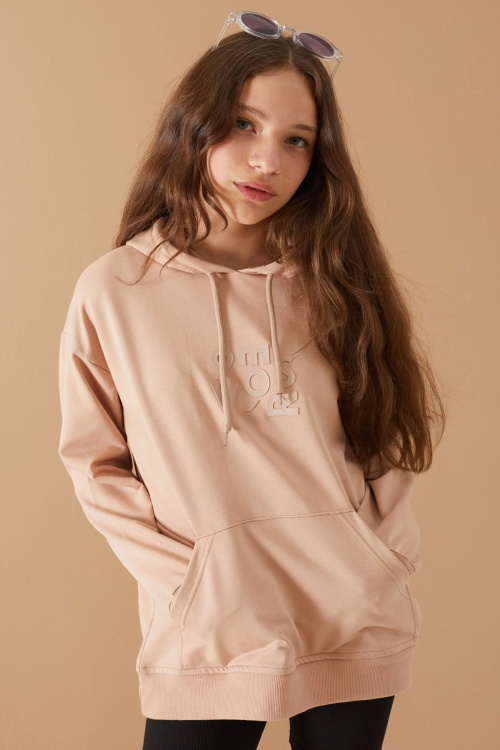 Bej Yazı Kabartma Baskılı Kapüşonlu Kız Çocuk Sweatshirt 19308