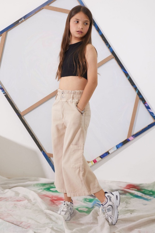 Bej Yüksek Bel Armürlü Kız Çocuk Pantolon 18924