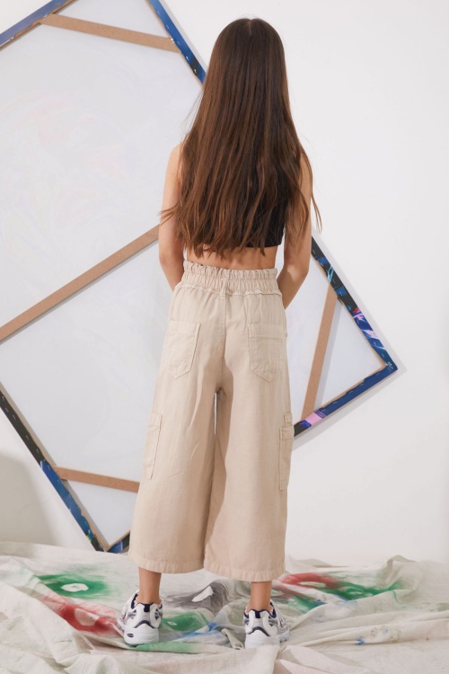 Bej Yüksek Bel Armürlü Kız Çocuk Pantolon 18924