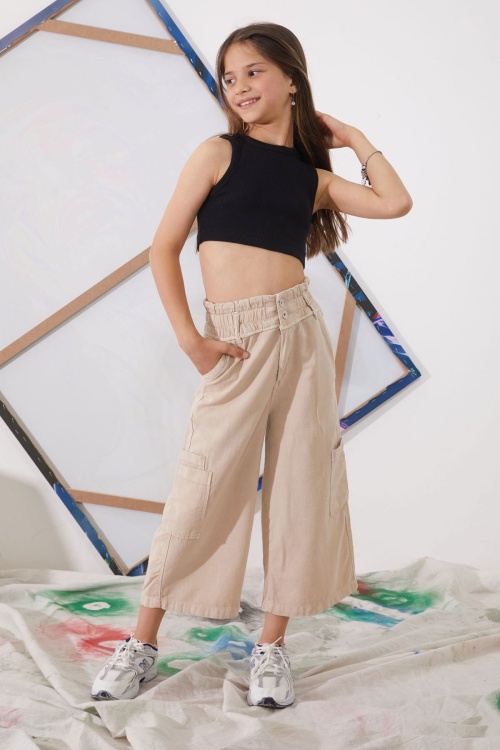 Bej Yüksek Bel Armürlü Kız Çocuk Pantolon 18924