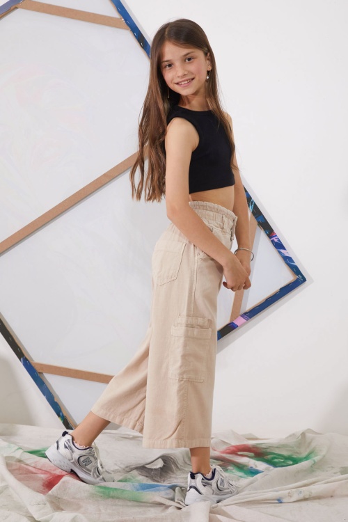 Bej Yüksek Bel Armürlü Kız Çocuk Pantolon 18924