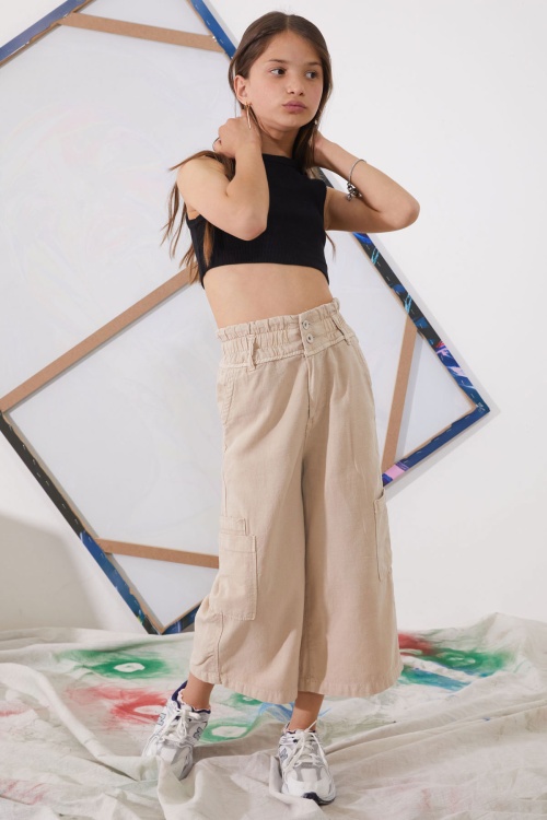 Bej Yüksek Bel Armürlü Kız Çocuk Pantolon 18924