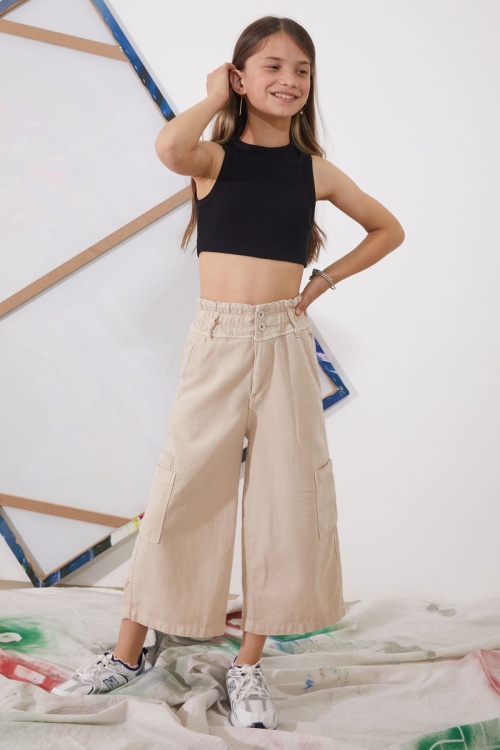 Bej Yüksek Bel Armürlü Kız Çocuk Pantolon 18924