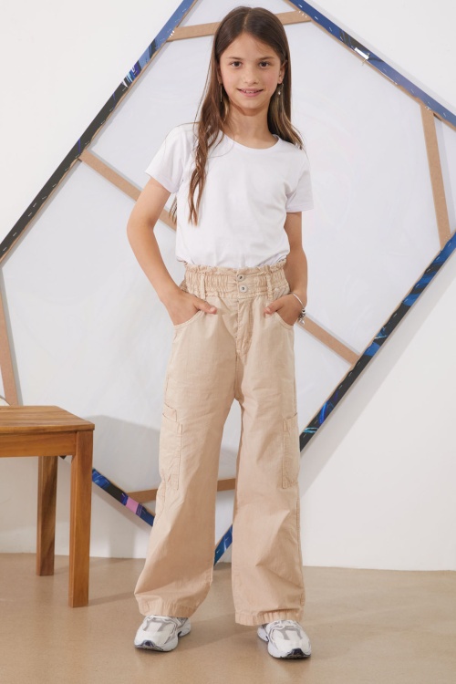 Bej Yüksek Bel Çift Cepli Kız Paraşüt Pantolon 18929
