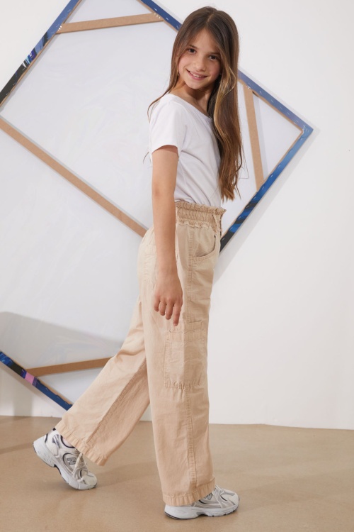 Bej Yüksek Bel Çift Cepli Kız Paraşüt Pantolon 18929