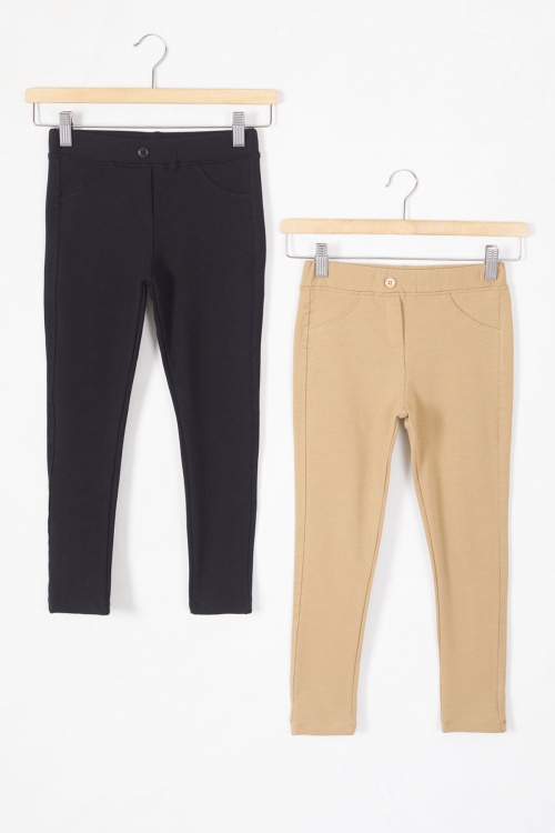 Beli Lastikli Kız Çocuk Cepli 2li Basic Tayt Siyah-Krem 19495