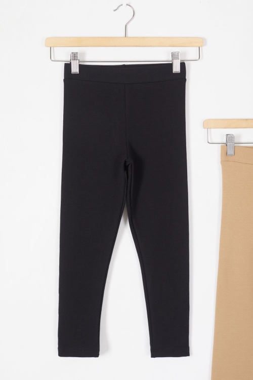 Beli Lastikli Kız Çocuk Düz Renk Basic 2li Tayt Siyah-Krem 19497