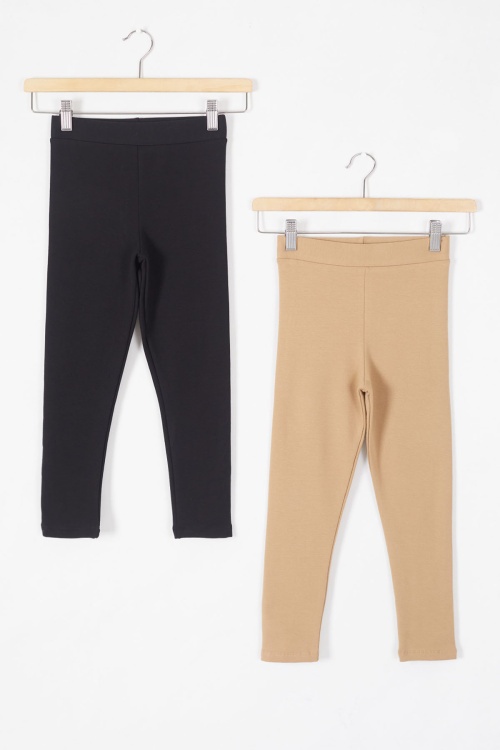 Beli Lastikli Kız Çocuk Düz Renk Basic 2li Tayt Siyah-Krem 19497