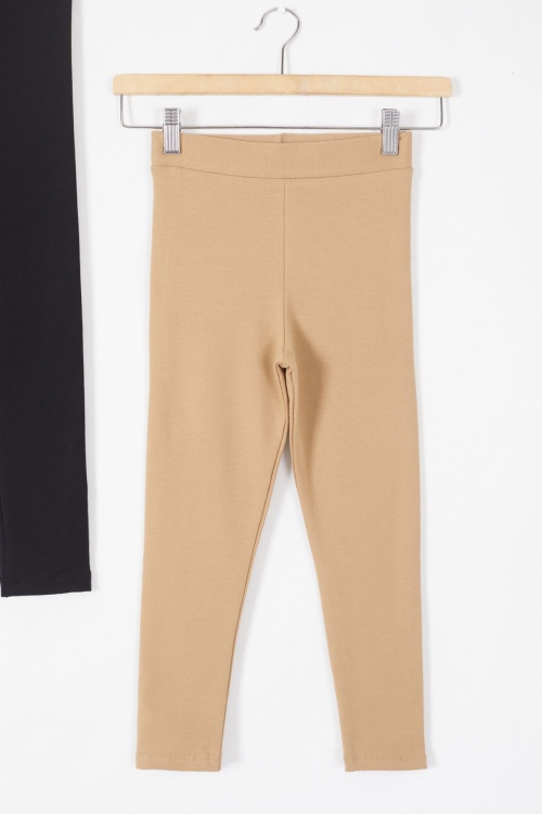 Beli Lastikli Kız Çocuk Düz Renk Basic 2li Tayt Siyah-Krem 19497