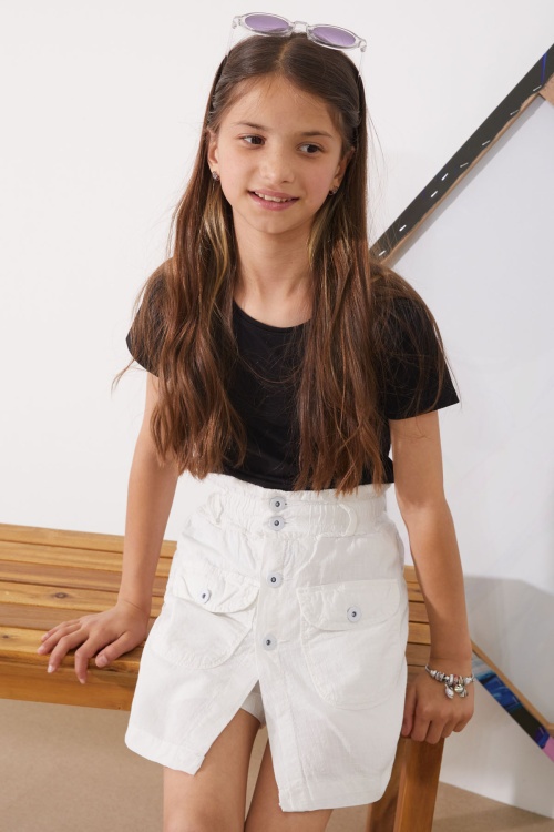 Beyaz Beli Lastikli Düğmeli Kız Çocuk Şort Etek 18949