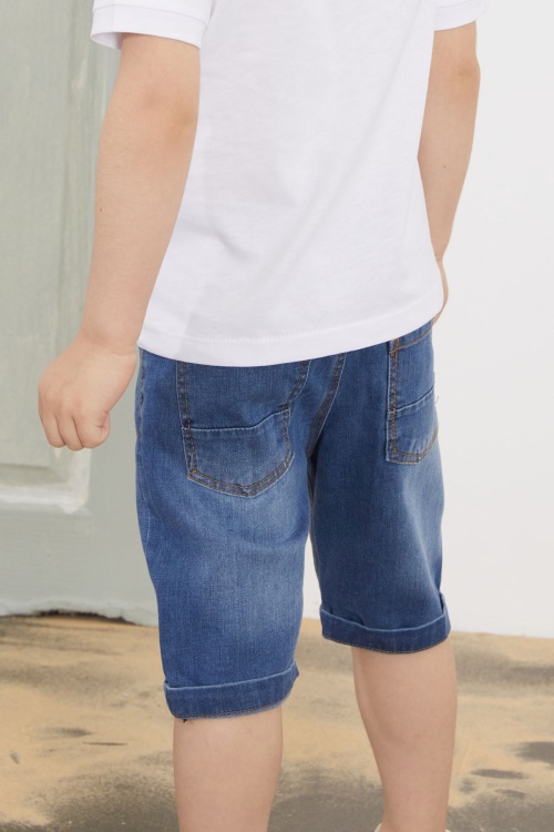 Beyaz Çizgili Polo Yaka Tişörtlü Jean Şortlu Erkek Çocuk Takım 18748