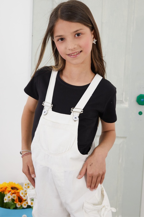 Beyaz Göğüs Cepli Kız Çocuk Şort Salopet Tulum 18776