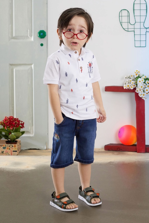Beyaz Kaktüs Desenli Polo Yaka Jean Şortlu Erkek Çocuk Takım 18740