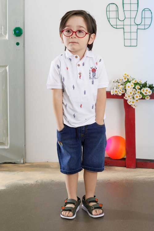 Beyaz Kaktüs Desenli Polo Yaka Jean Şortlu Erkek Çocuk Takım 18740