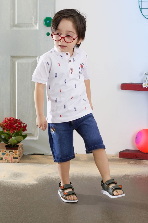 Beyaz Kaktüs Desenli Polo Yaka Jean Şortlu Erkek Çocuk Takım 18740