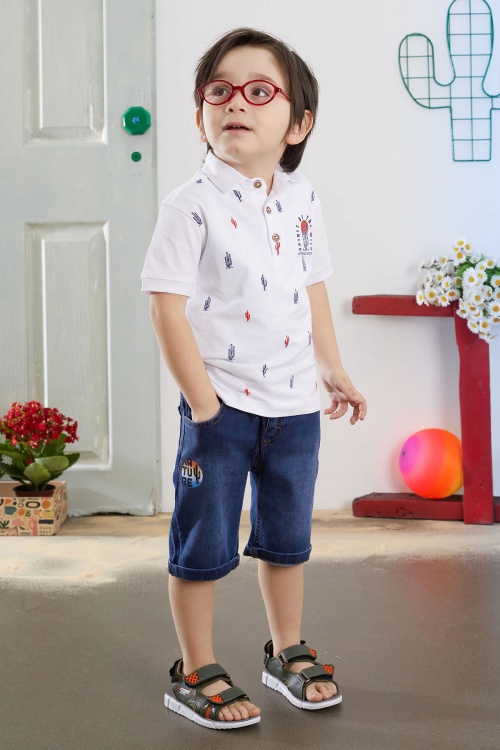 Beyaz Kaktüs Desenli Polo Yaka Jean Şortlu Erkek Çocuk Takım 18740