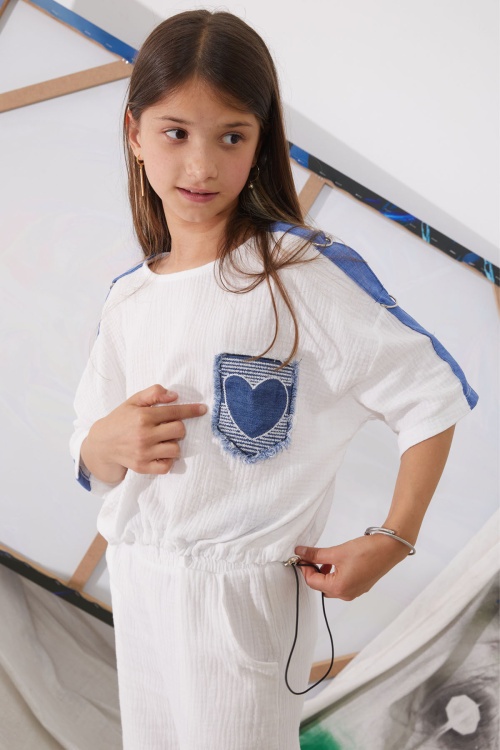 Beyaz Kalp Nakışlı Cepli Oversize Croplu Kız Çocuk Alt Üst Takım 18943