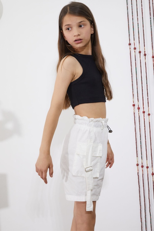 Beyaz Kargo Cepli Beli Lastikli Kız Paraşüt Şort 18856