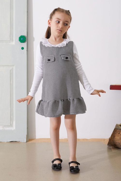 Beyaz Kayağı Desenli Kapak Detaylı Badili Kız Çocuk Elbise 18810