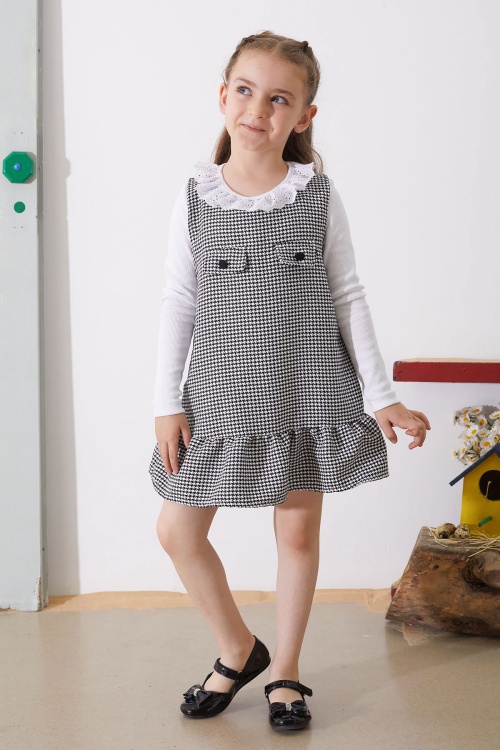 Beyaz Kayağı Desenli Kapak Detaylı Badili Kız Çocuk Elbise 18810