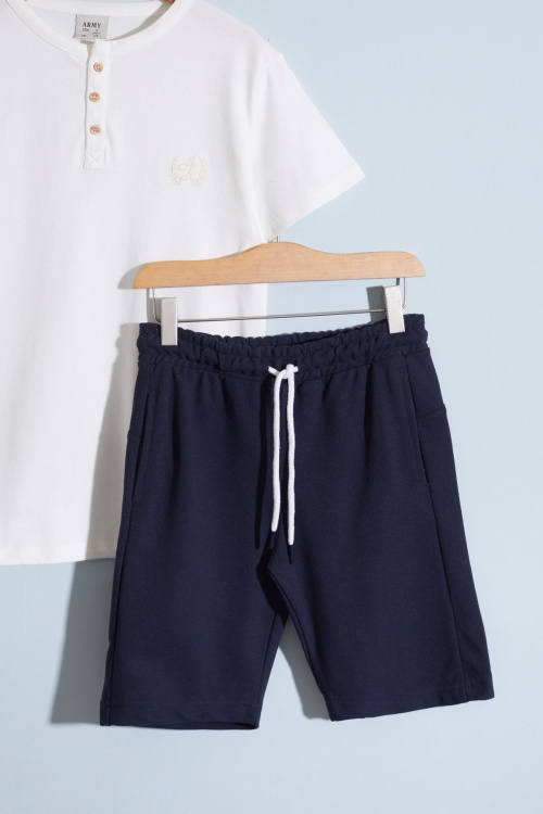 Beyaz Kısa Kollu Düğmeli Tişörtlü Erkek Çocuk Şortlu Takım 18640