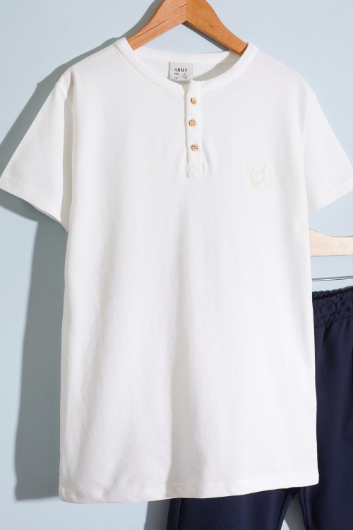 Beyaz Kısa Kollu Düğmeli Tişörtlü Erkek Çocuk Şortlu Takım 18640