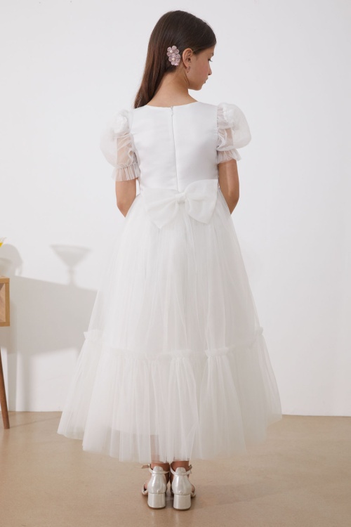 Beyaz Kolları Tüllü Çiçek Detaylı Kız Çocuk Abiye Elbise 18955