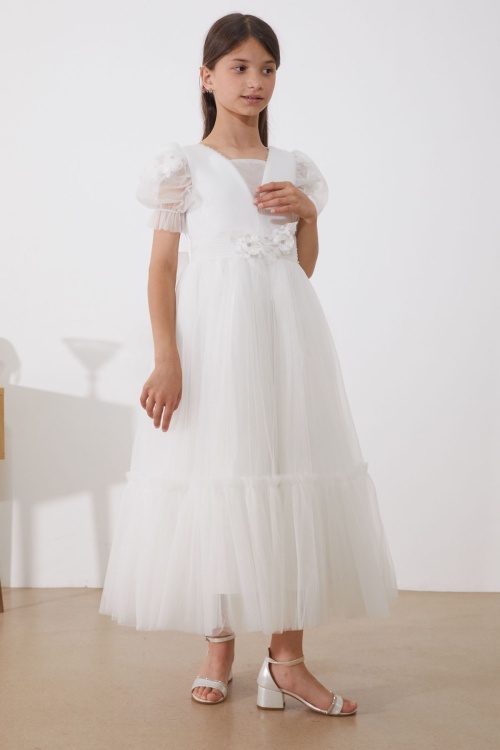 Beyaz Kolları Tüllü Çiçek Detaylı Kız Çocuk Abiye Elbise 18955