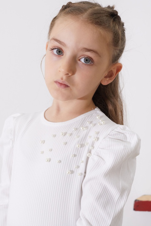 Beyaz Omzu İnci Detaylı Kız Çocuk Sweatshirt 18882