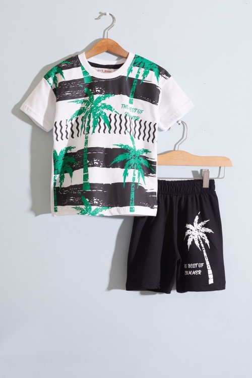 Beyaz Palmiye Baskılı Tişörtlü Erkek Çocuk Şortlu Takım 18850