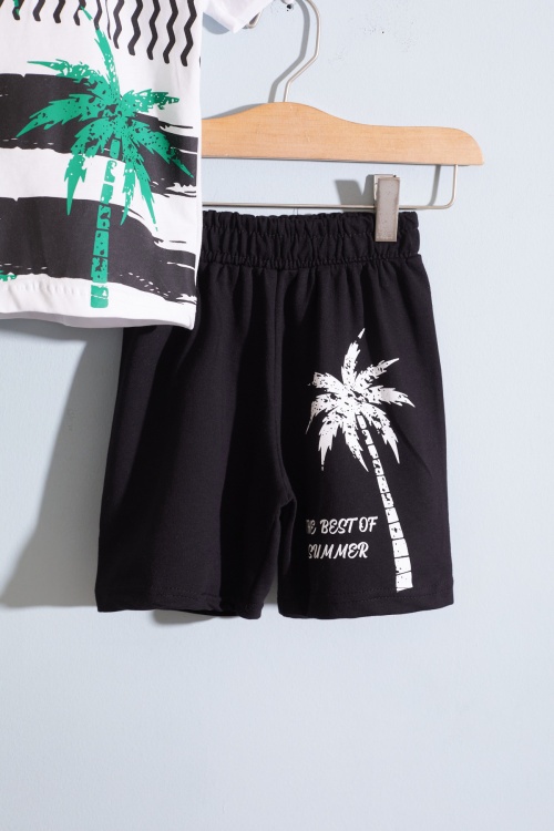 Beyaz Palmiye Baskılı Tişörtlü Erkek Çocuk Şortlu Takım 18850