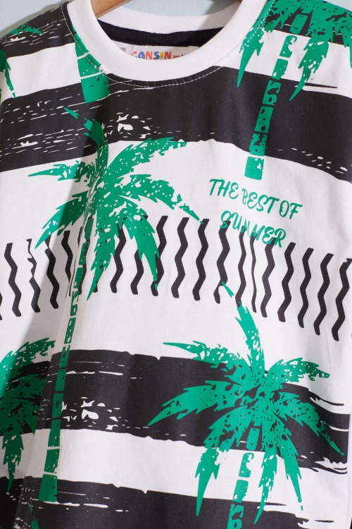 Beyaz Palmiye Baskılı Tişörtlü Erkek Çocuk Şortlu Takım 18850