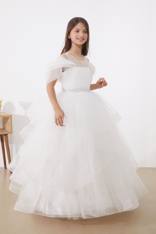 Beyaz Payetli Omzu Tül Detaylı Kız Çocuk Tüllü Elbise