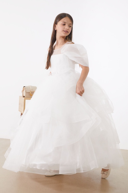 Beyaz Payetli Omzu Tül Detaylı Kız Çocuk Tüllü Elbise