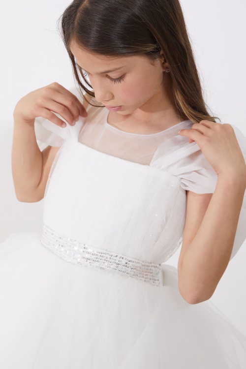 Beyaz Payetli Omzu Tül Detaylı Kız Çocuk Tüllü Elbise