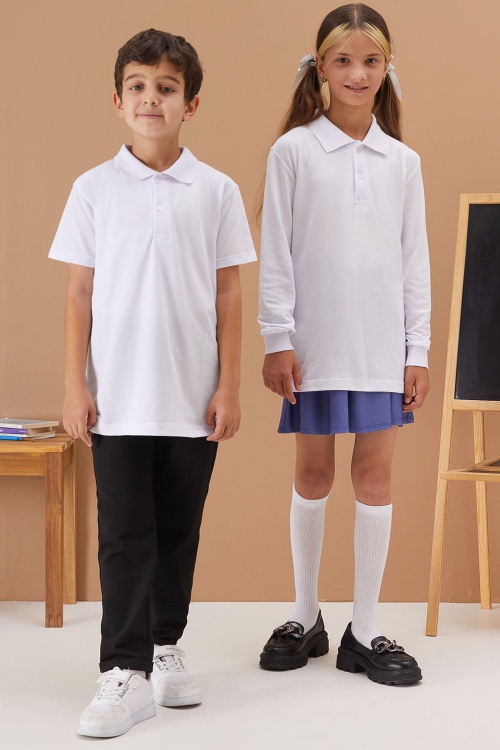 Beyaz Polo Yaka Basic Uzun-Kısa Kol 2li Okul Tişörtü 19037