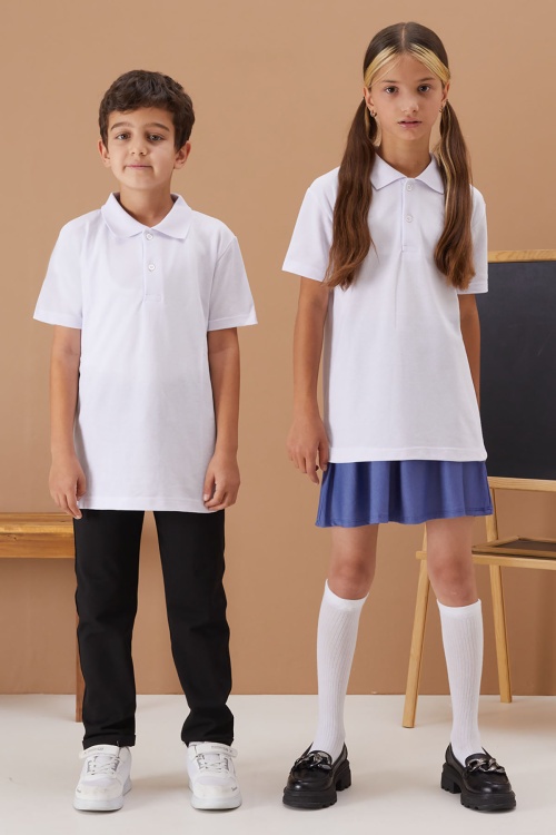 Beyaz Polo Yaka Basic Uzun-Kısa Kol 2li Okul Tişörtü 19037