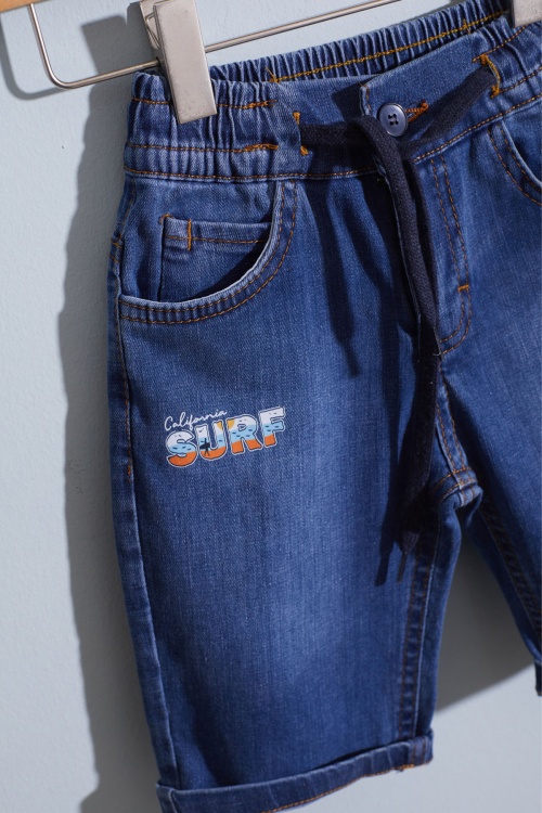 Beyaz Polo Yaka Surf Baskılı Jean Şortlu Erkek Çocuk Takım 18919