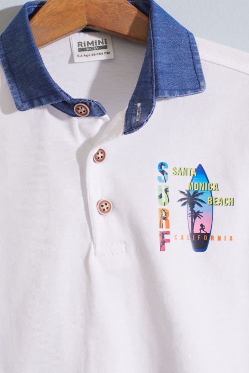 Beyaz Polo Yaka Surf Baskılı Jean Şortlu Erkek Çocuk Takım 18919
