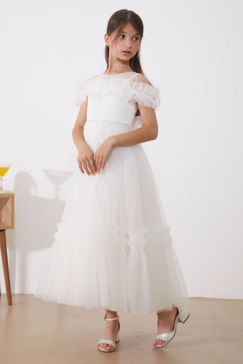 Beyaz Taşlı Tüy Detaylı Kız Çocuk Tüllü Abiye Elbise