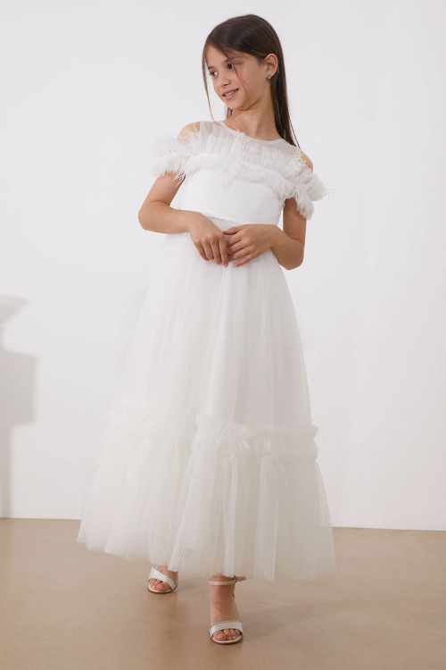 Beyaz Taşlı Tüy Detaylı Kız Çocuk Tüllü Abiye Elbise