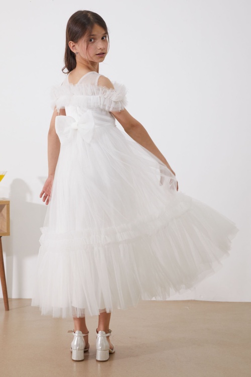 Beyaz Taşlı Tüy Detaylı Kız Çocuk Tüllü Abiye Elbise