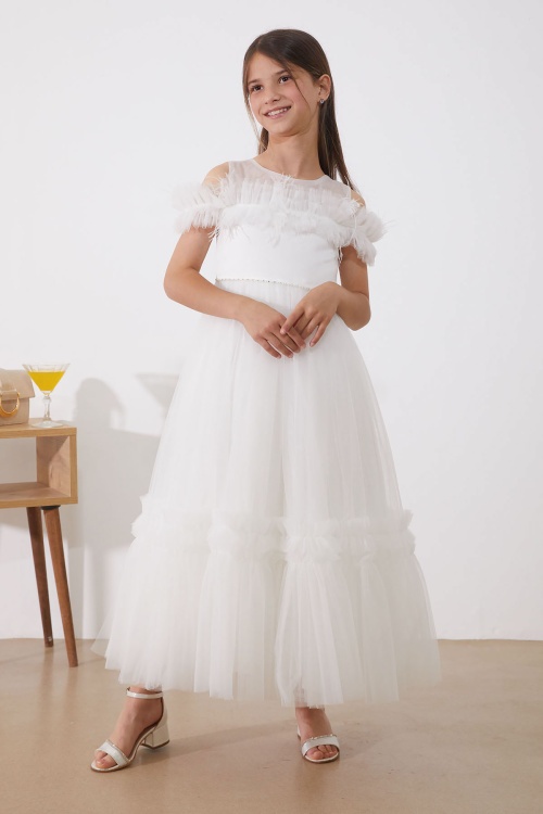 Beyaz Taşlı Tüy Detaylı Kız Çocuk Tüllü Abiye Elbise