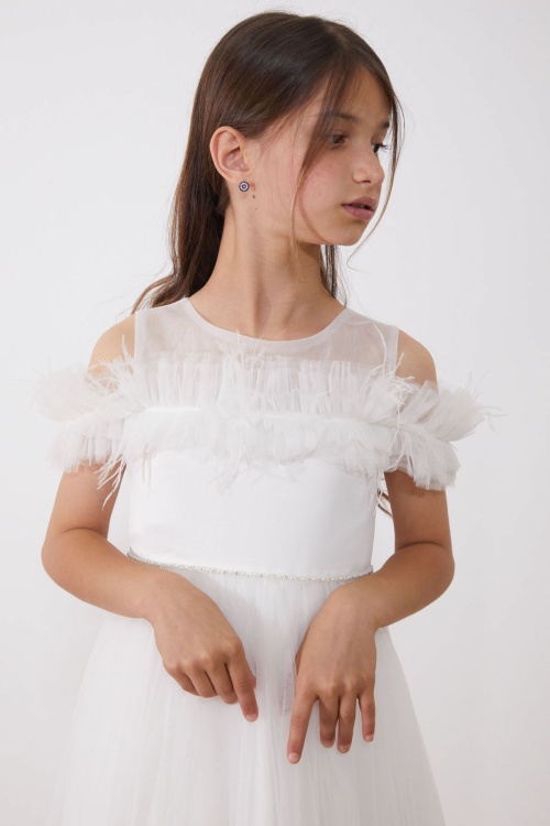 Beyaz Taşlı Tüy Detaylı Kız Çocuk Tüllü Abiye Elbise