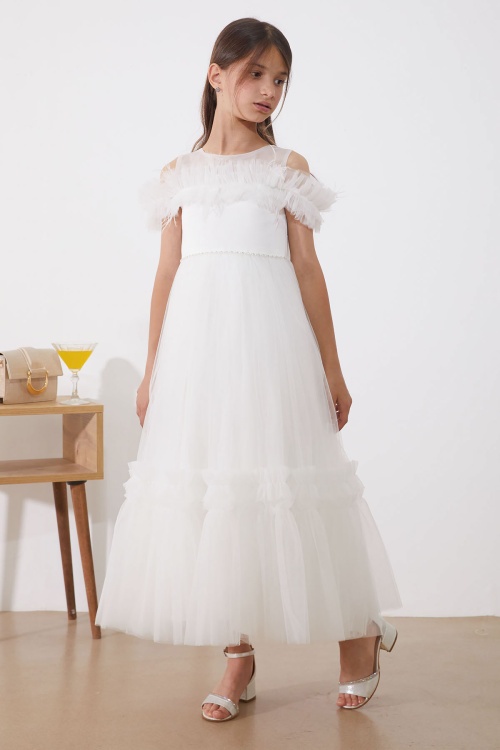 Beyaz Taşlı Tüy Detaylı Kız Çocuk Tüllü Abiye Elbise