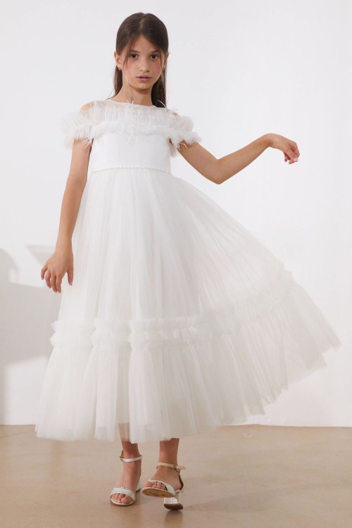 Beyaz Taşlı Tüy Detaylı Kız Çocuk Tüllü Abiye Elbise