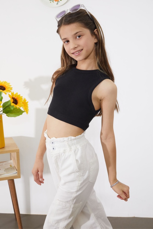 Beyaz Yan Cepli Geniş Paça Kız Pantolon 18861