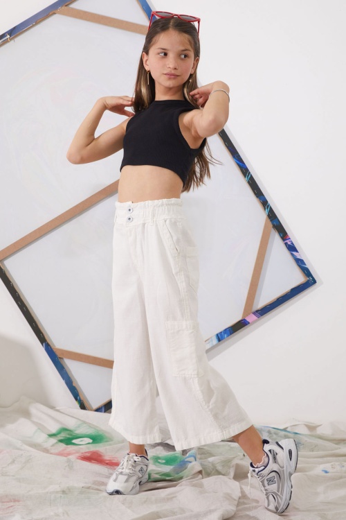 Beyaz Yüksek Bel Armürlü Kız Çocuk Pantolon 18926