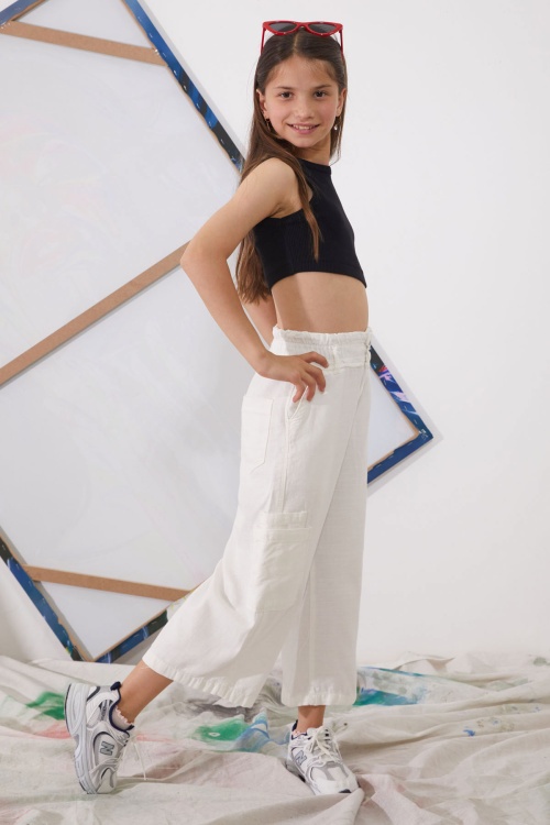 Beyaz Yüksek Bel Armürlü Kız Çocuk Pantolon 18926